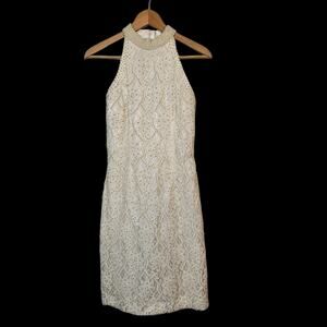 Oleg Cassini Womens Ivory Beaded Halter Neck Cocktail Wedding Mini Dress Size 12